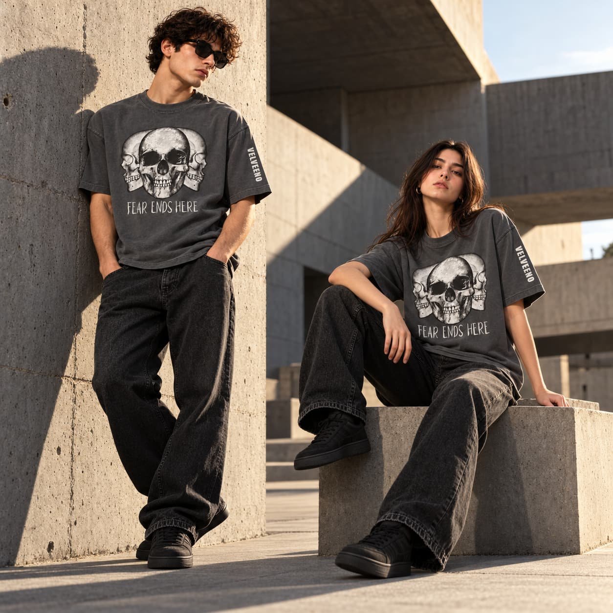 Anthracite tees in a brutalist plaza