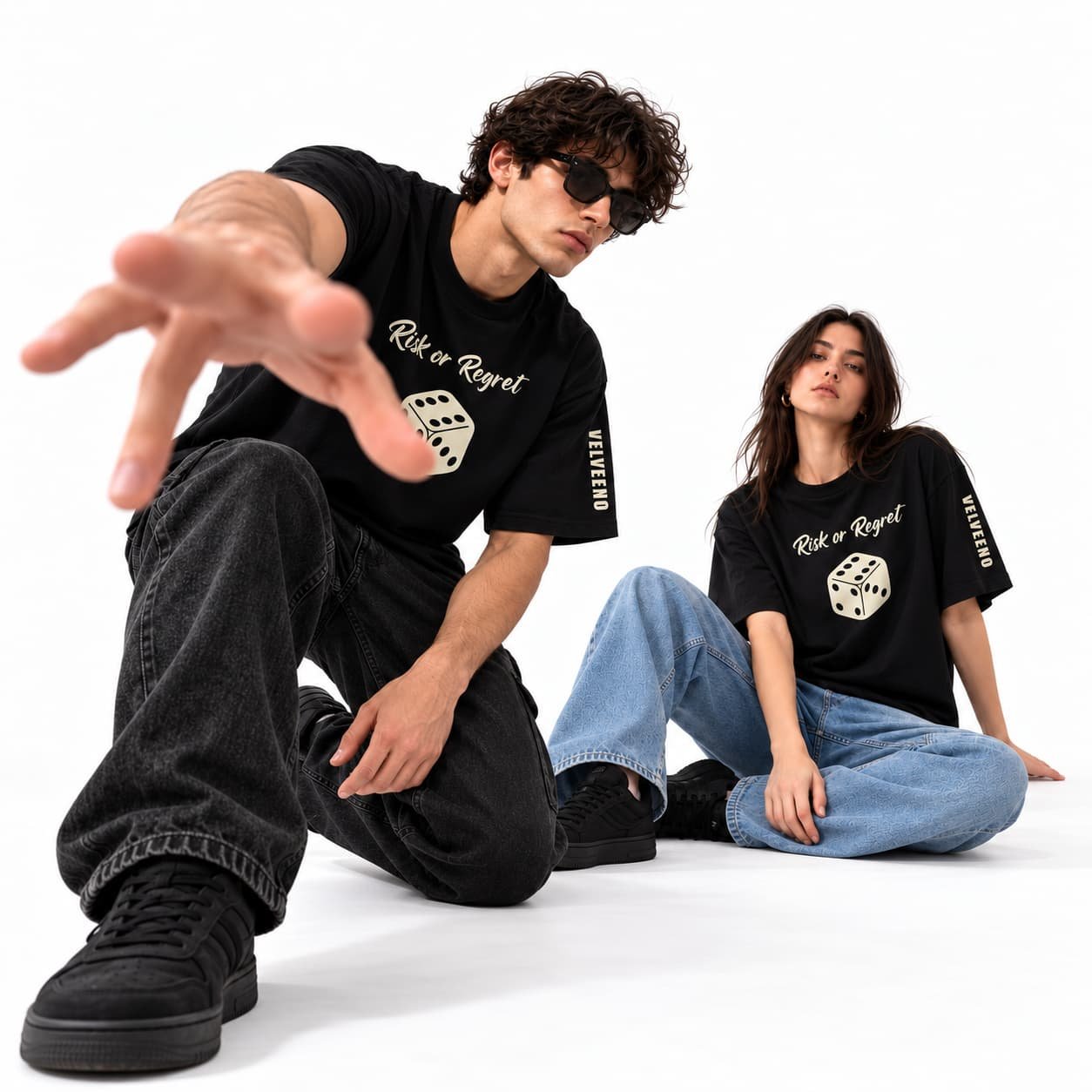 Monochrome streetwear duo in studio